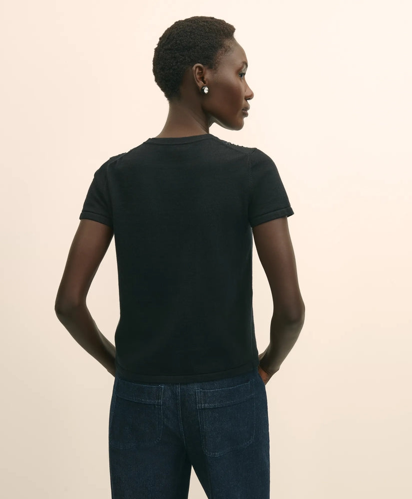 Merino-Wool-Cotton Blend Floral Embellished Short-Sleeve Sweater Shell | Brooks Brothers outlet