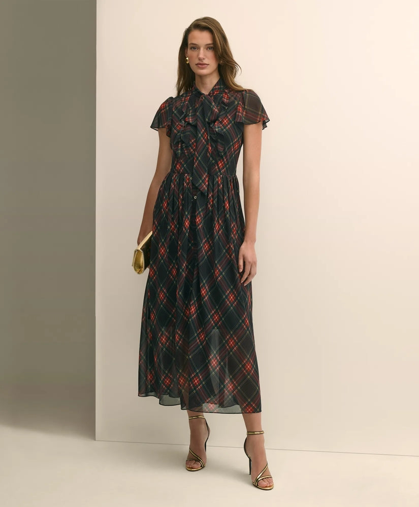 Chiffon Plaid Flutter-Sleeve Maxi Dress | Brooks Brothers online