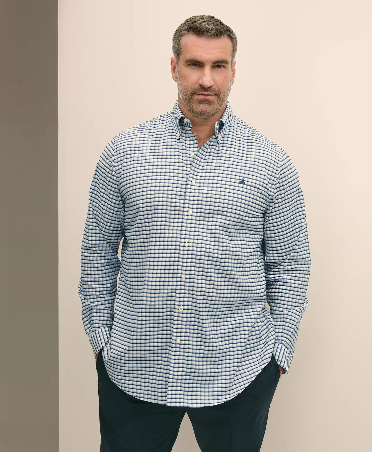 Big & Tall Stretch Cotton Non-Iron Oxford Polo Button Down Collar, Checked Shirt | Brooks Brothers discount