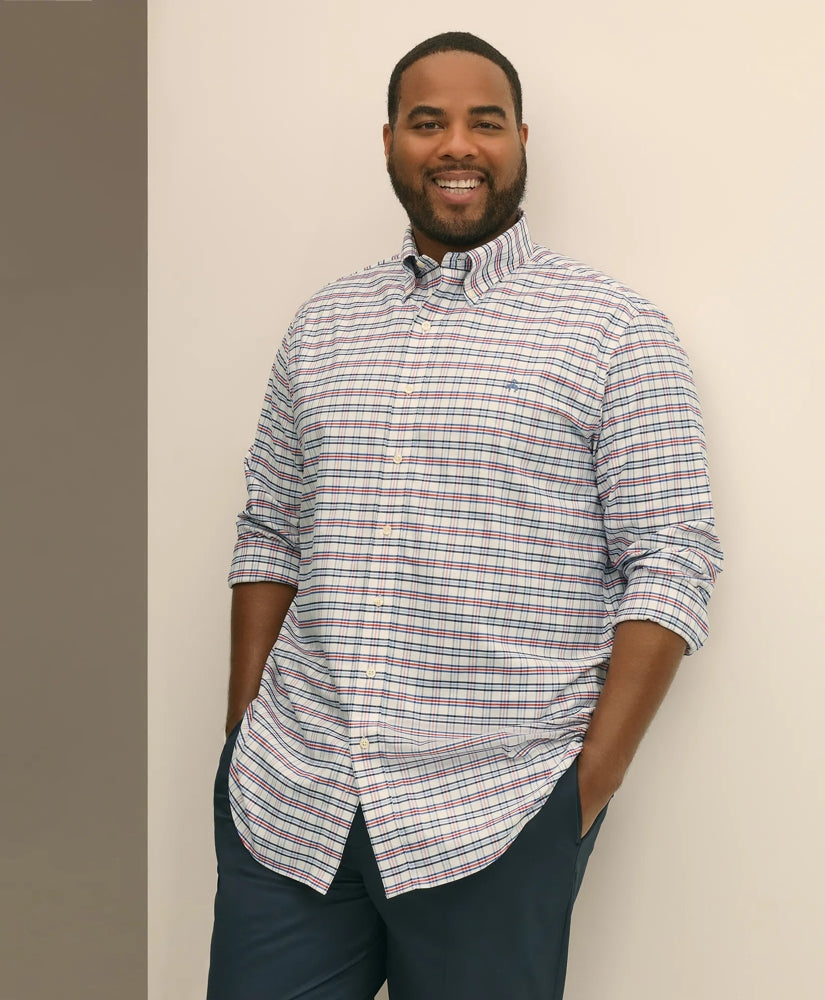 Big & Tall Stretch Cotton Non-Iron Oxford Polo Button Down Collar, Windowpane Shirt | Brooks Brothers online