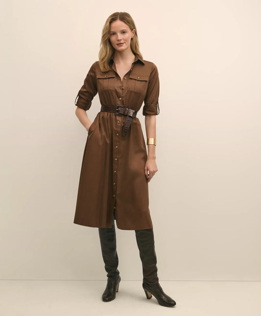 Cotton Sateen Fit-And-Flare Belted Shirt Dress | Brooks Brothers sale