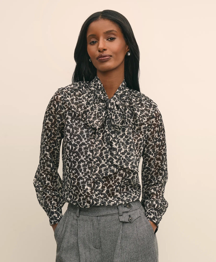 Leaf-Print Jacquard Bow-Neck Blouse | Brooks Brothers discount