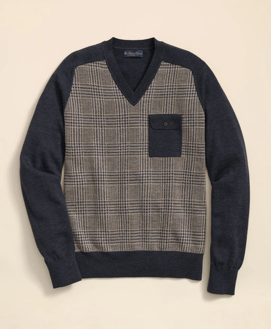 Merino Wool Glen Plaid Contrast Sweater | Brooks Brothers online