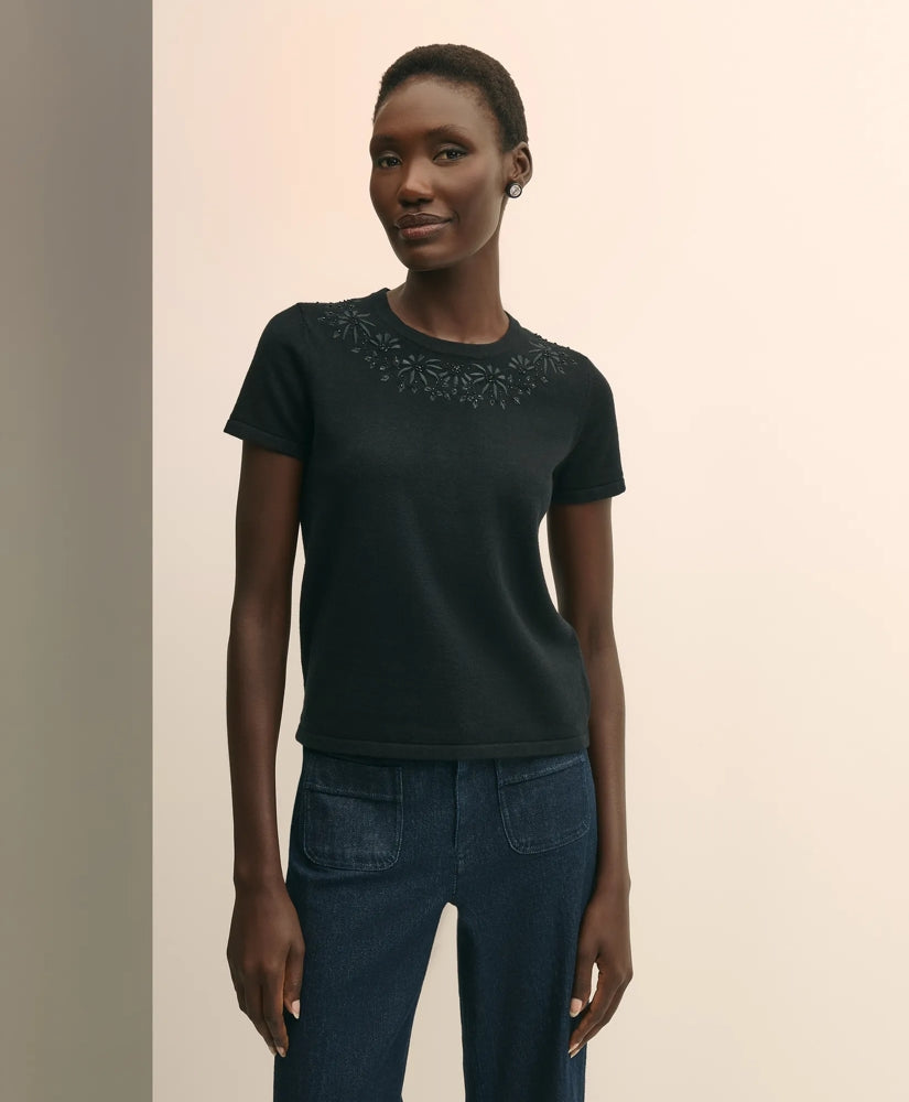 Merino-Wool-Cotton Blend Floral Embellished Short-Sleeve Sweater Shell | Brooks Brothers outlet