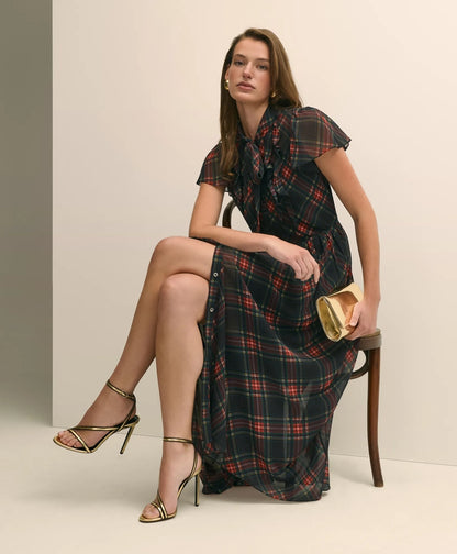 Chiffon Plaid Flutter-Sleeve Maxi Dress | Brooks Brothers online