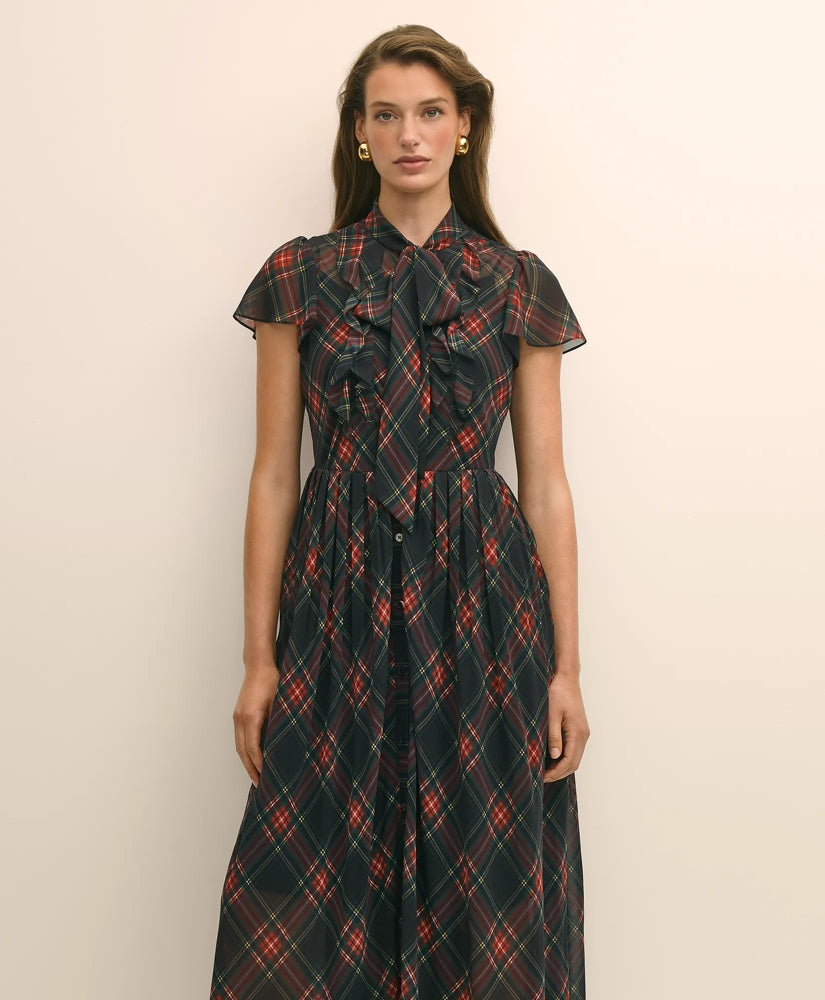 Chiffon Plaid Flutter-Sleeve Maxi Dress | Brooks Brothers online