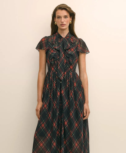 Chiffon Plaid Flutter-Sleeve Maxi Dress | Brooks Brothers online
