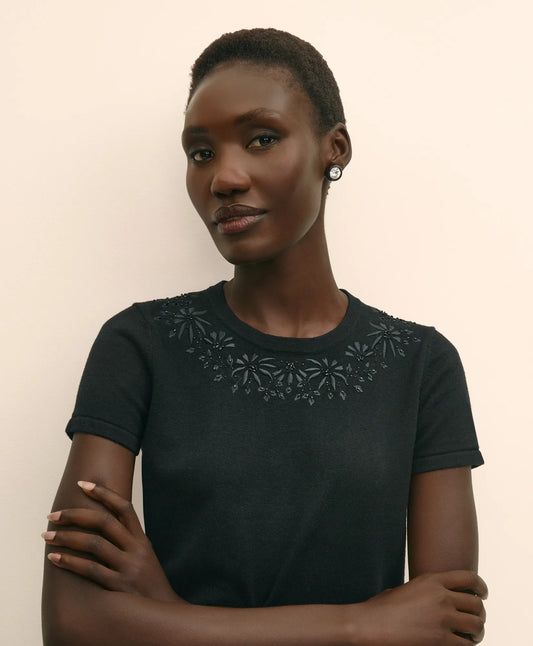 Merino-Wool-Cotton Blend Floral Embellished Short-Sleeve Sweater Shell | Brooks Brothers outlet
