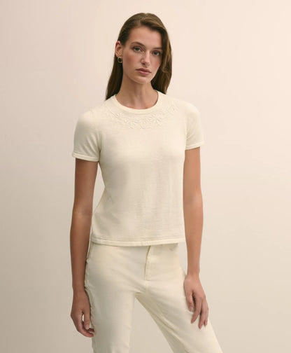 Merino-Wool-Cotton Blend Floral Embellished Short-Sleeve Sweater Shell | Brooks Brothers online shop
