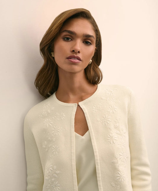 Merino-Wool-Cotton Blend Floral Embellished Cardigan | Brooks Brothers outlet