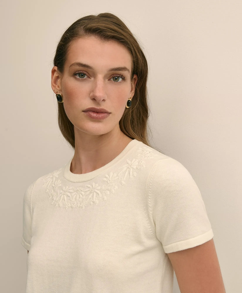 Merino-Wool-Cotton Blend Floral Embellished Short-Sleeve Sweater Shell | Brooks Brothers online shop