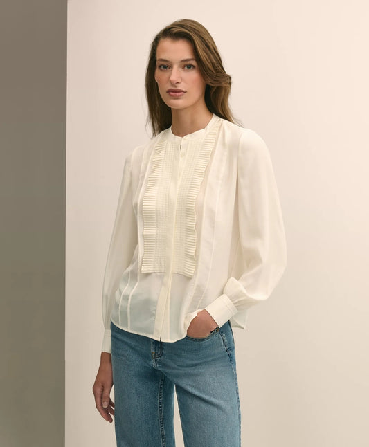 Silk Haboti Pintucked Band-Collar Blouse | Brooks Brothers sale