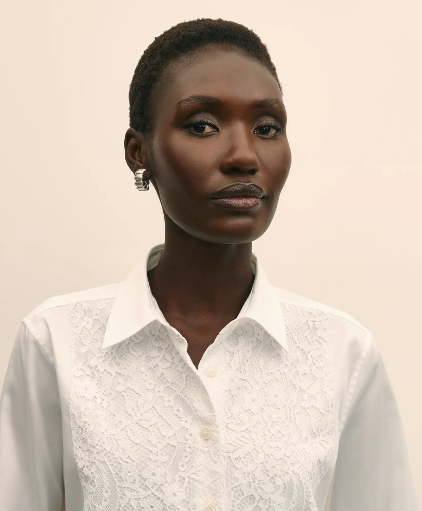 Cotton Sateen Relaxed Lace-Bib Shirt | Brooks Brothers discount