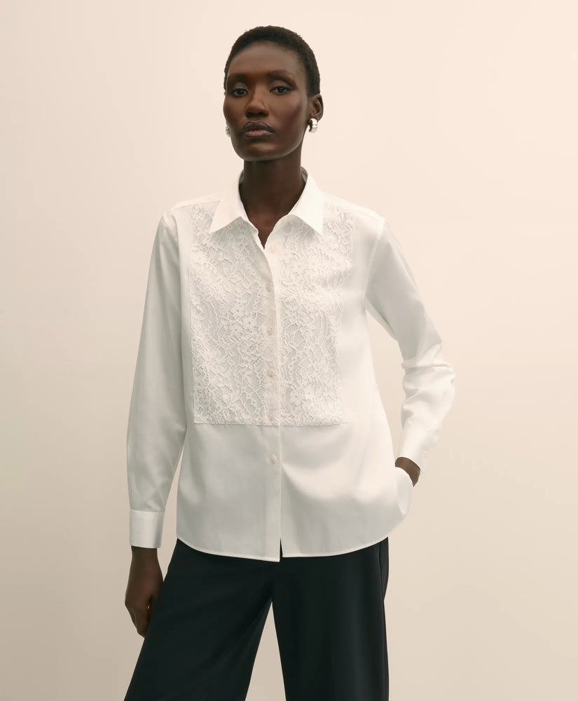 Cotton Sateen Relaxed Lace-Bib Shirt | Brooks Brothers discount