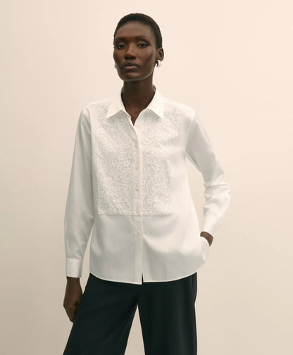 Cotton Sateen Relaxed Lace-Bib Shirt | Brooks Brothers discount
