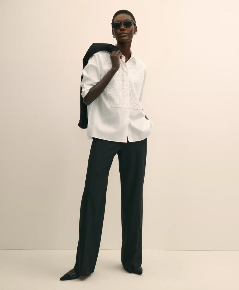 Cotton Sateen Relaxed Lace-Bib Shirt | Brooks Brothers discount