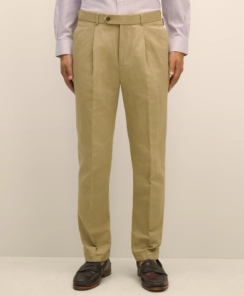 Slim Fit Cotton-Linen Herringbone Single-Pleat Suit Pants | Brooks Brothers online