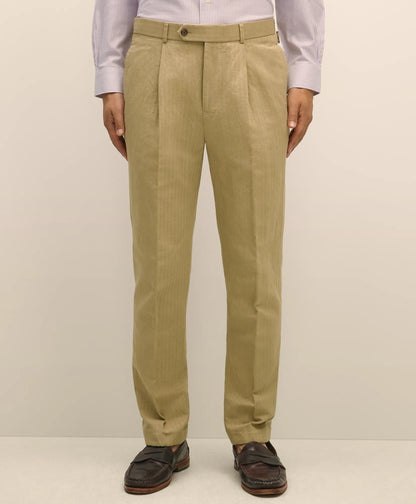 Slim Fit Cotton-Linen Herringbone Single-Pleat Suit Pants | Brooks Brothers online