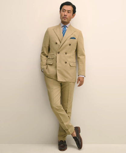 Slim Fit Cotton-Linen Herringbone Single-Pleat Suit Pants | Brooks Brothers online