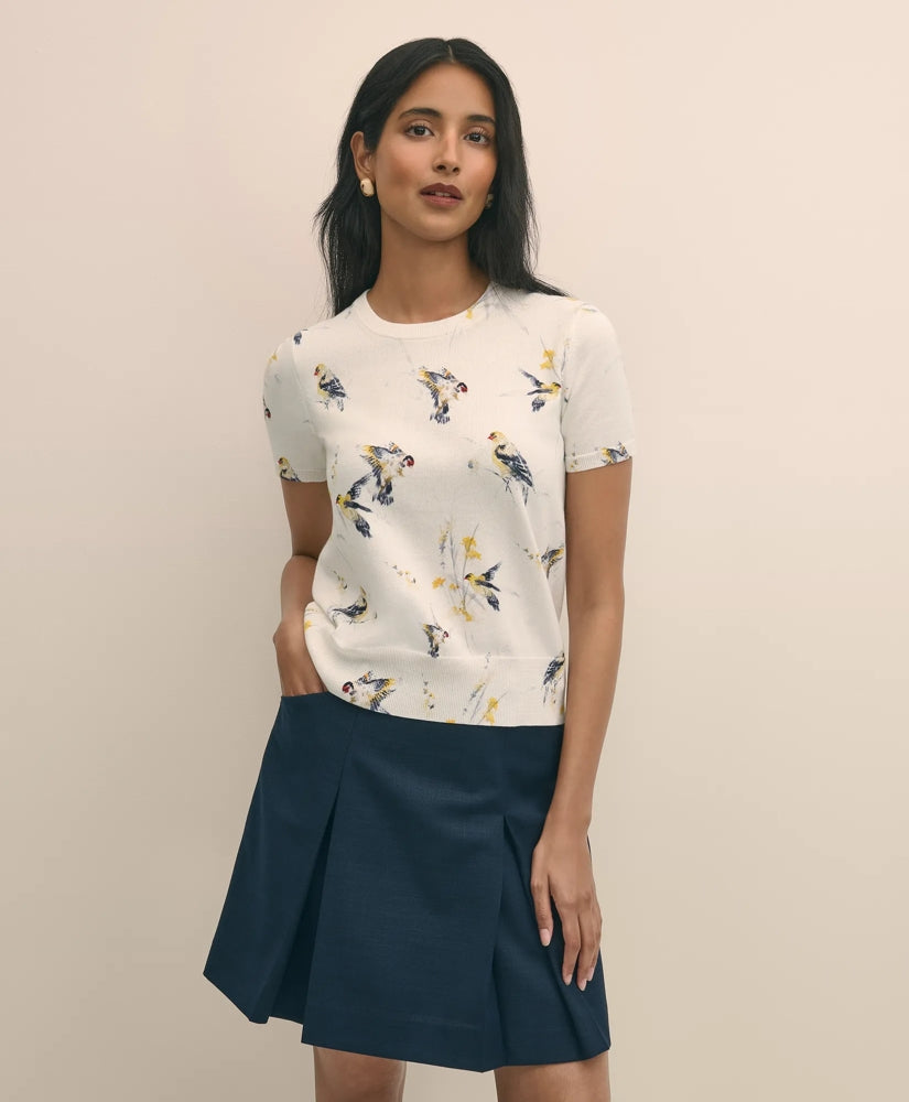 Cotton Short-Sleeve Sweater Shell in Bird Print | Brooks Brothers outlet