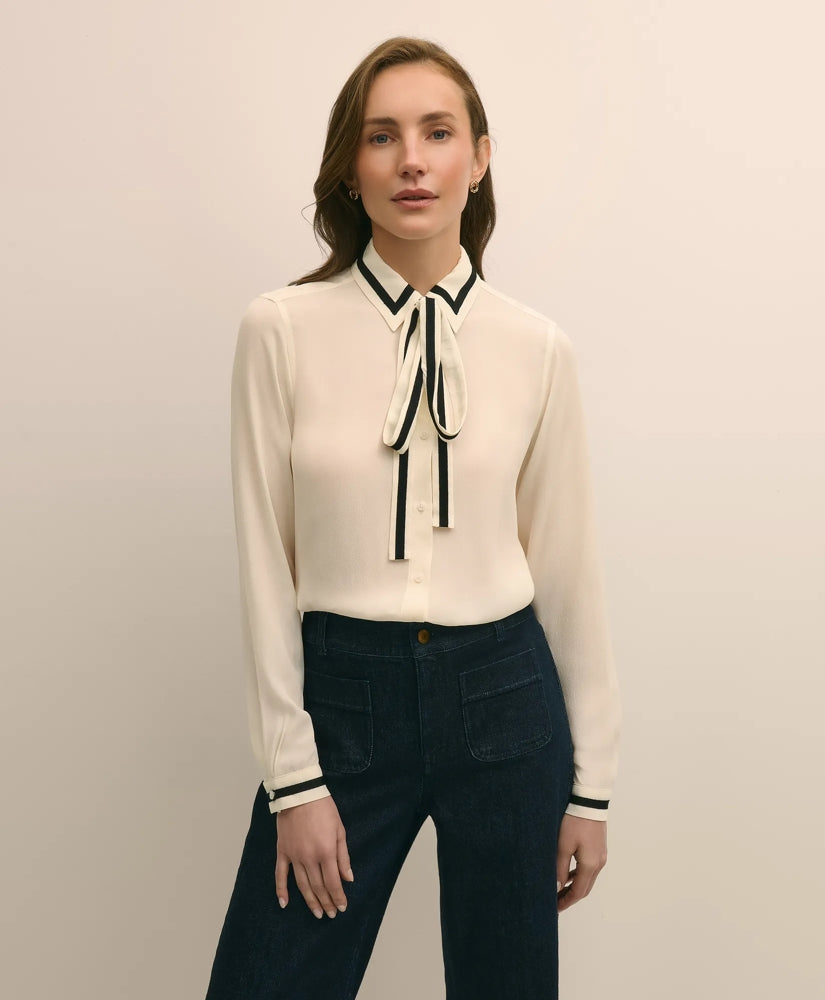 Viscose Contrast Tie-Neck Blouse | Brooks Brothers online