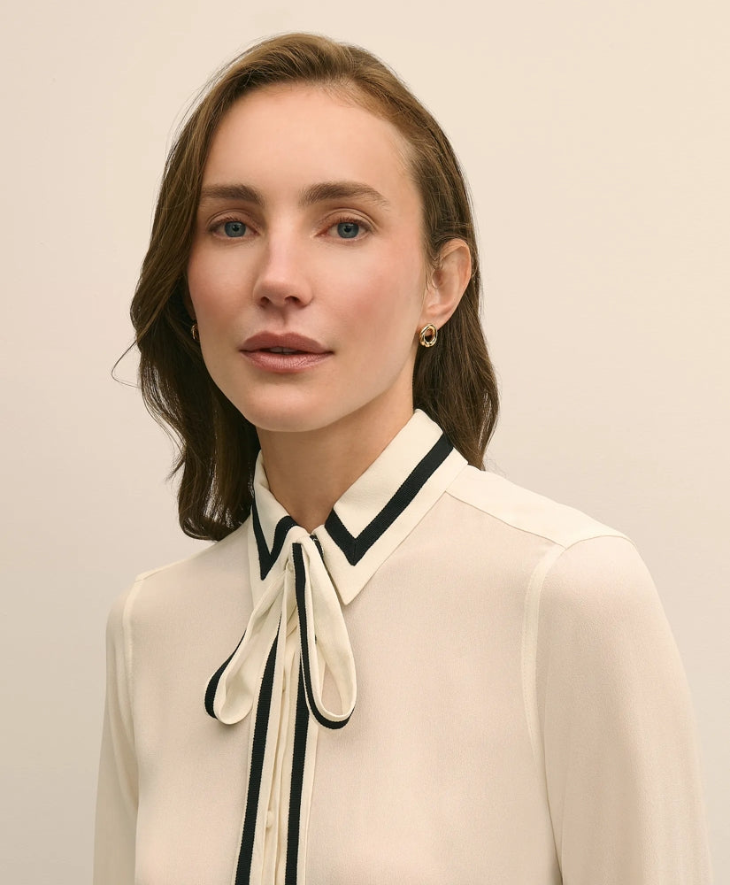 Viscose Contrast Tie-Neck Blouse | Brooks Brothers online