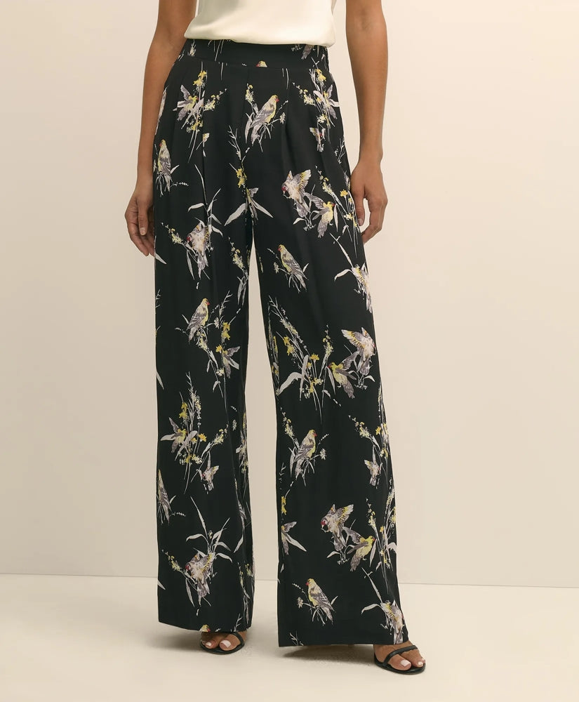 Easy Fit, Elastic Back Wide-Leg Soft Bird Print Pants | Brooks Brothers outlet