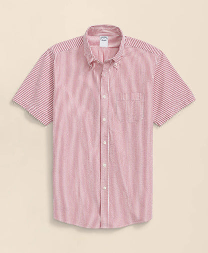 Washed Cotton Seersucker Button-Down Collar, Stripe Short-Sleeve Sport Shirt | Brooks Brothers online shop