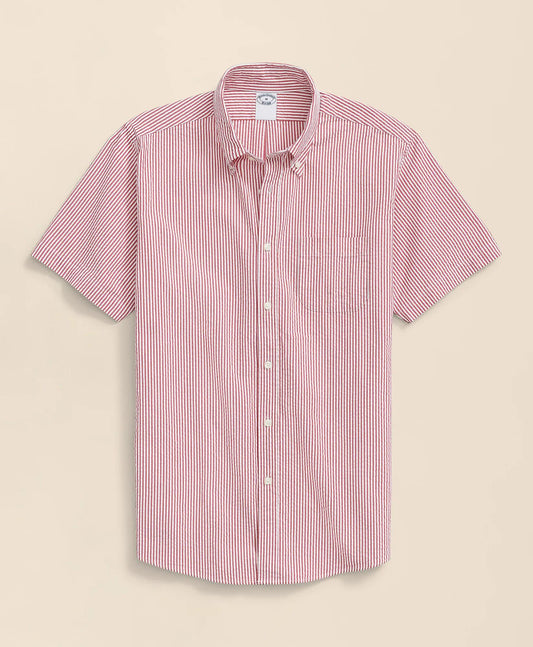 Washed Cotton Seersucker Button-Down Collar, Stripe Short-Sleeve Sport Shirt | Brooks Brothers online shop